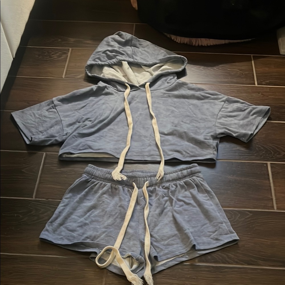 Gray Hooded Crop Top and Shorts Set